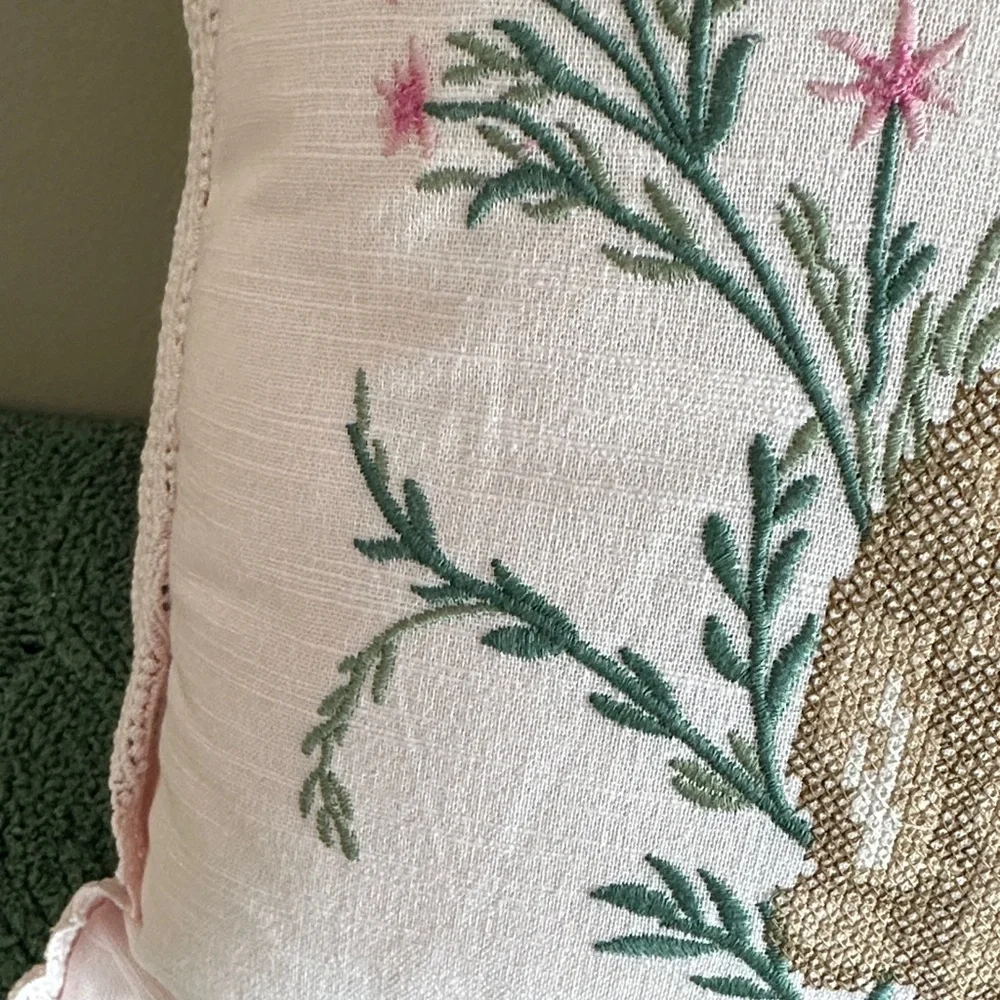 Lillian August French Farmhouse Easter Bunny 🐰 Rabbit Pillow Pink Embroidered